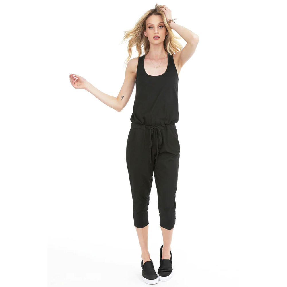 Bobi Basic Women M Supreme Jersey Jumpsuit Black Cotton Straps Pull On Pockets